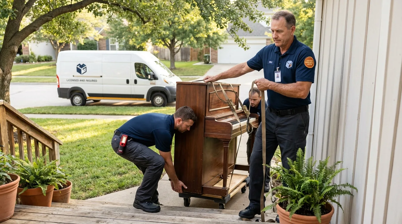 Licensed piano movers securing grand piano in Truman, MN