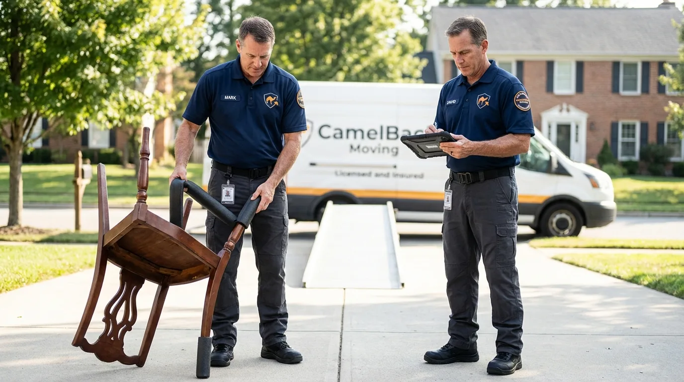 Movers inspecting furniture for damage prevention before loading in Truman, MN