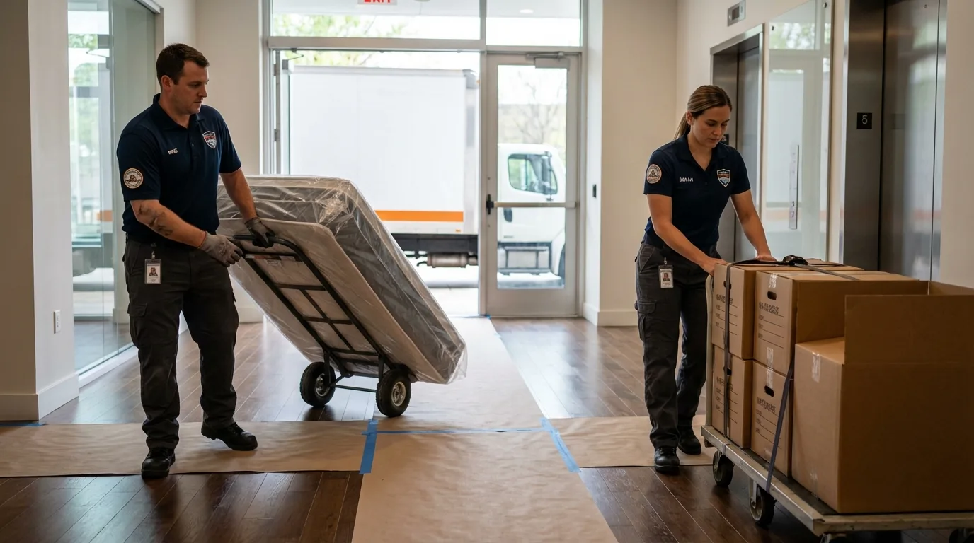 Professional apartment movers loading elevator in Truman, MN