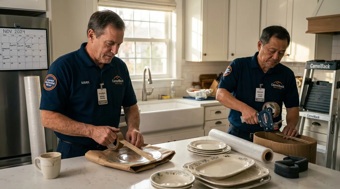 Professional crew packing kitchen dishware in Truman, MN
